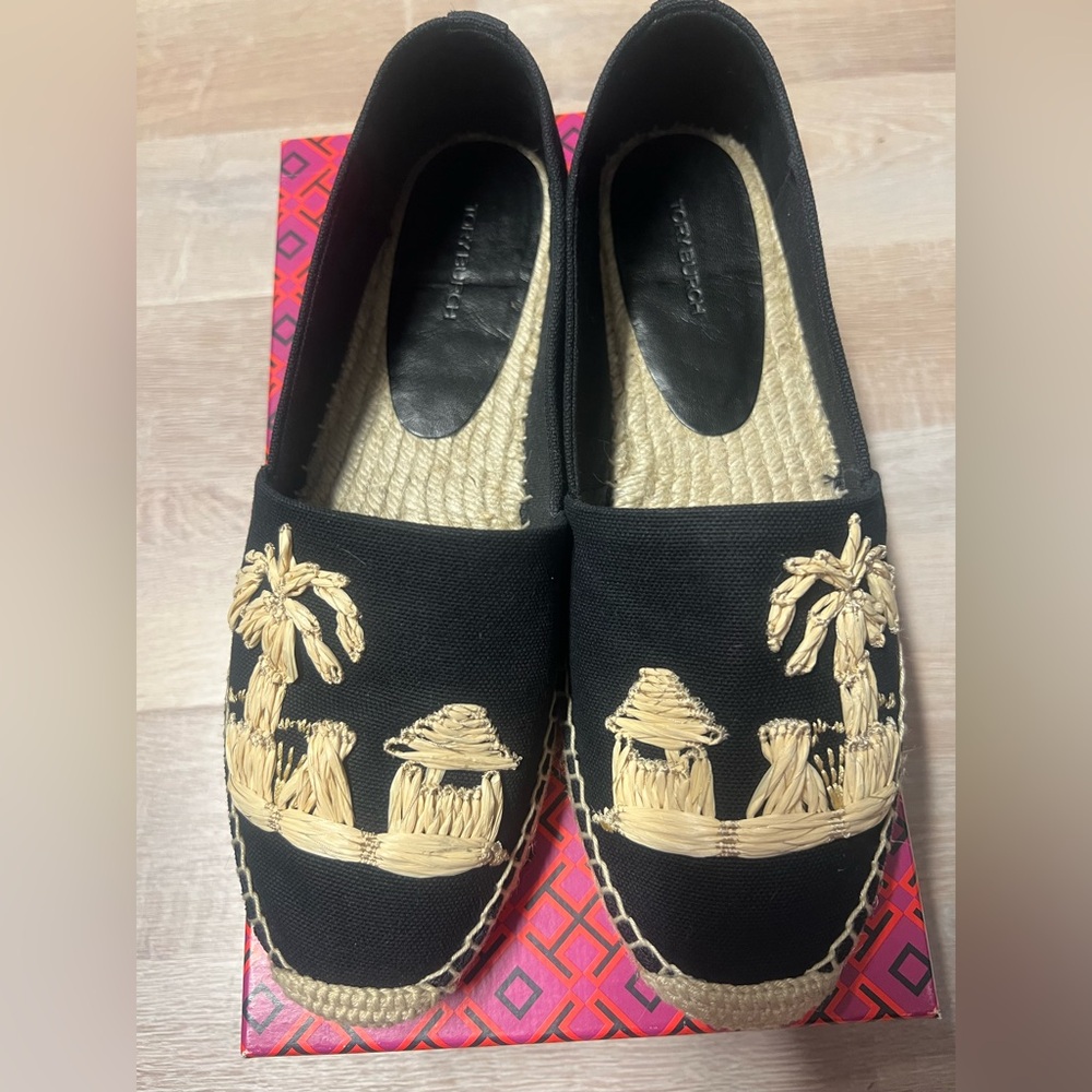 Tory Burch Black and Tan raffia Embroidered Espadrilles